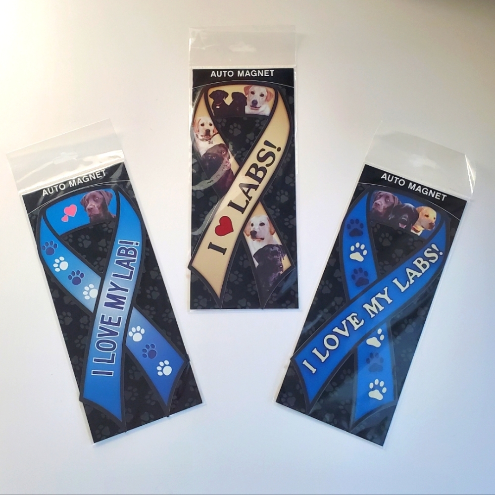 3 I "Love Lab(s)" Dog Breed Car Magnets Bundle MultiColor Ribbon Shaped NIP